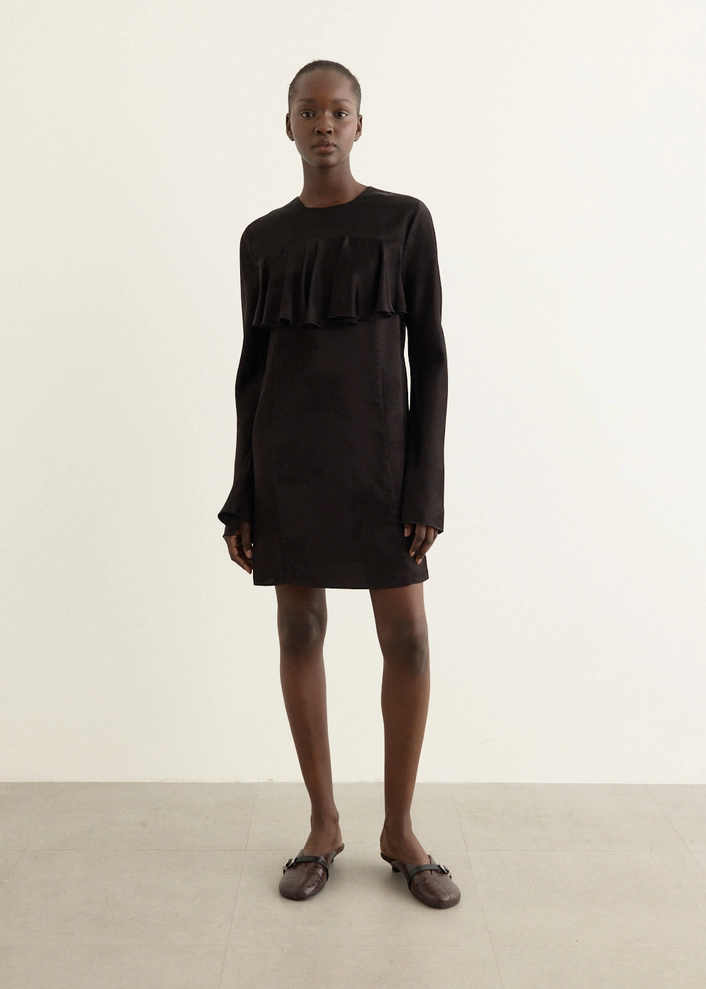 Fluid Satin Jacquard Mini Ruffle Dress Easy Tones Seasonal Must-Have