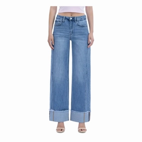 Flying Monkey Women's High Rise Cuffed Wide Jeans Flattering Waist Design Fashion Lover Youth Style Smooth