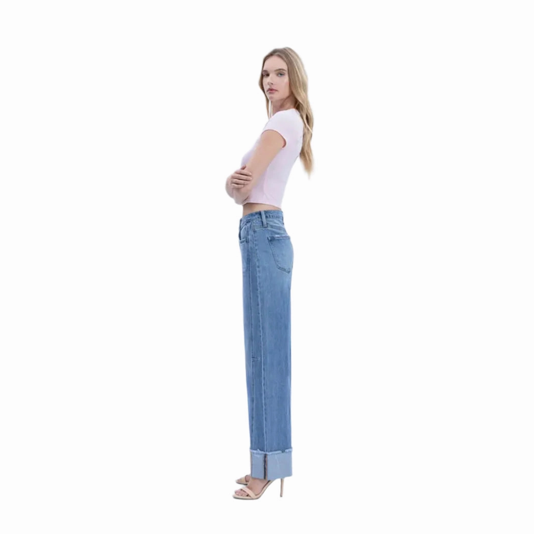 Flying Monkey Women's High Rise Cuffed Wide Jeans Style Combo Comfortable Appearance