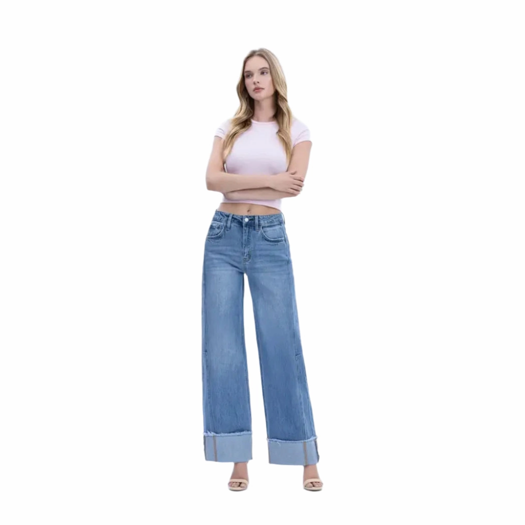 Flying Monkey Women's High Rise Cuffed Wide Jeans Outfit Mood Perfect For Daily