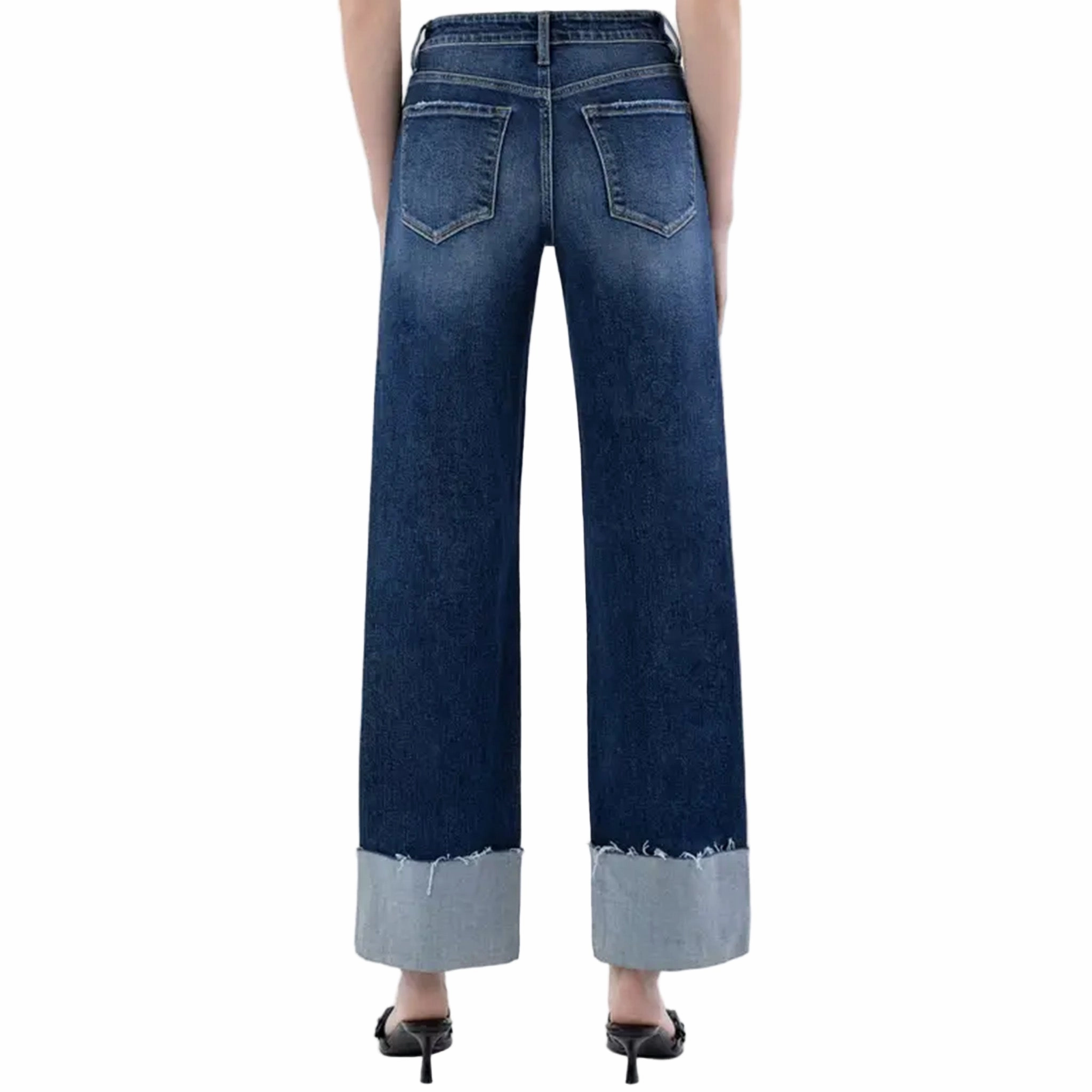 Flexible Waistband Construction Flying Monkey Women's High Rise Cuffed Wide Leg Jean