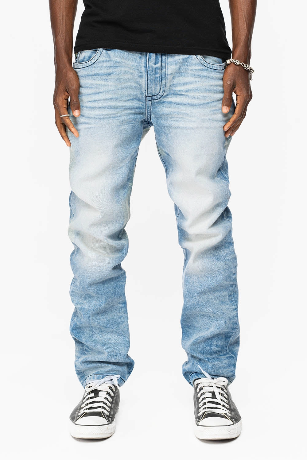 KILLER FLAP STRAIGHT LEG JEAN WITH PATENT LEATHER POCKET AND CRYSTALS IN BLUE 5D-LIGHT WASH Anti Bacterial Treatment