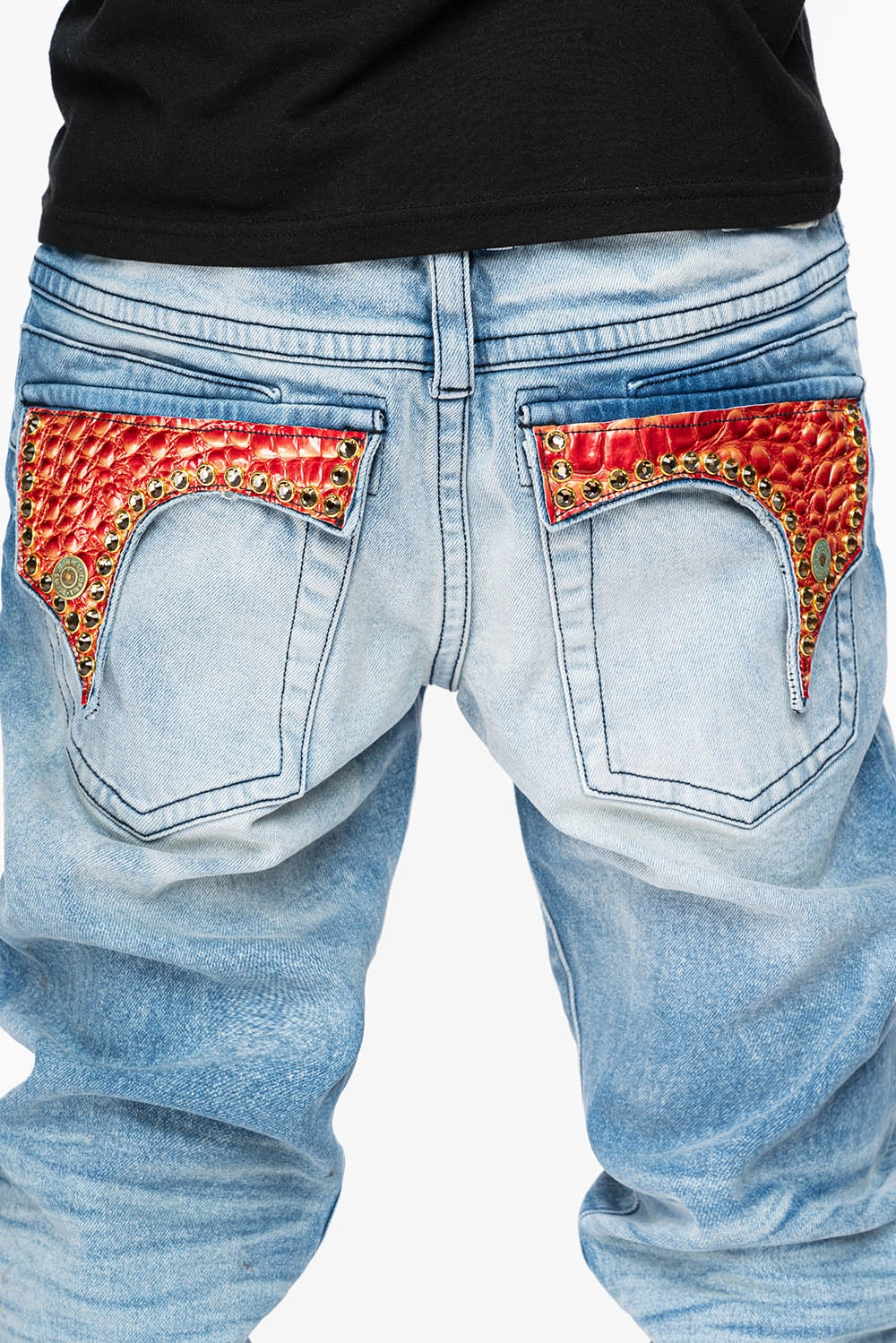 KILLER FLAP STRAIGHT LEG JEAN WITH PATENT LEATHER POCKET AND CRYSTALS IN BLUE 5D-LIGHT WASH Spring Mood Smooth Work Meeting