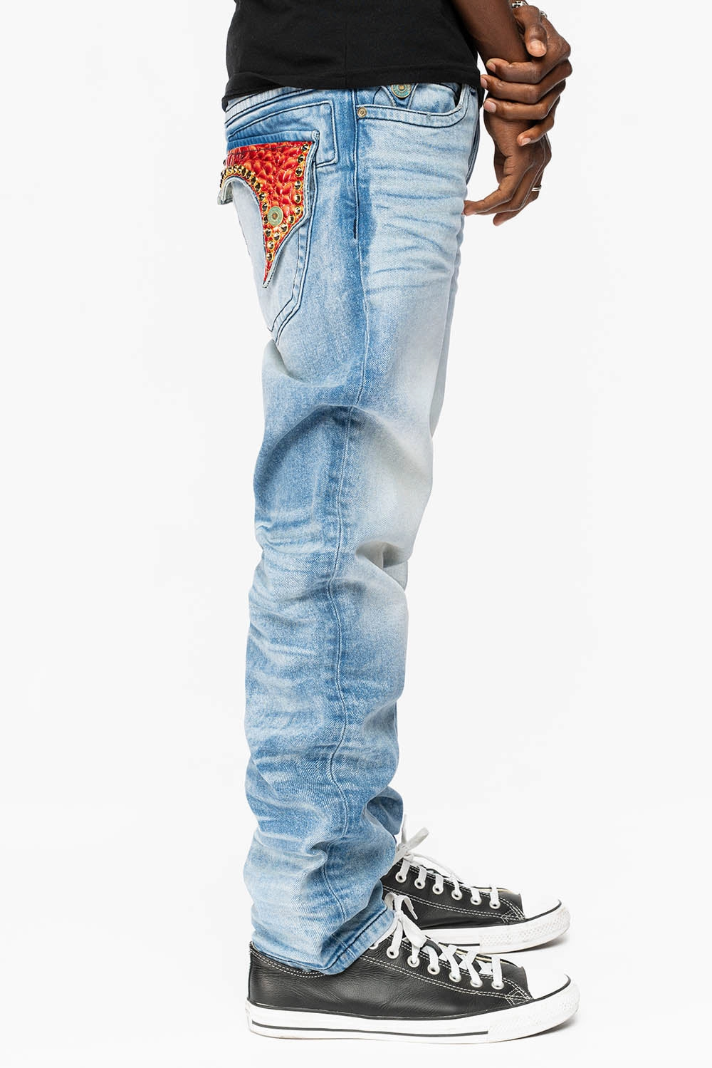 Night Out Rainy Day KILLER FLAP STRAIGHT LEG JEAN WITH PATENT LEATHER POCKET AND CRYSTALS IN BLUE 5D-LIGHT WASH