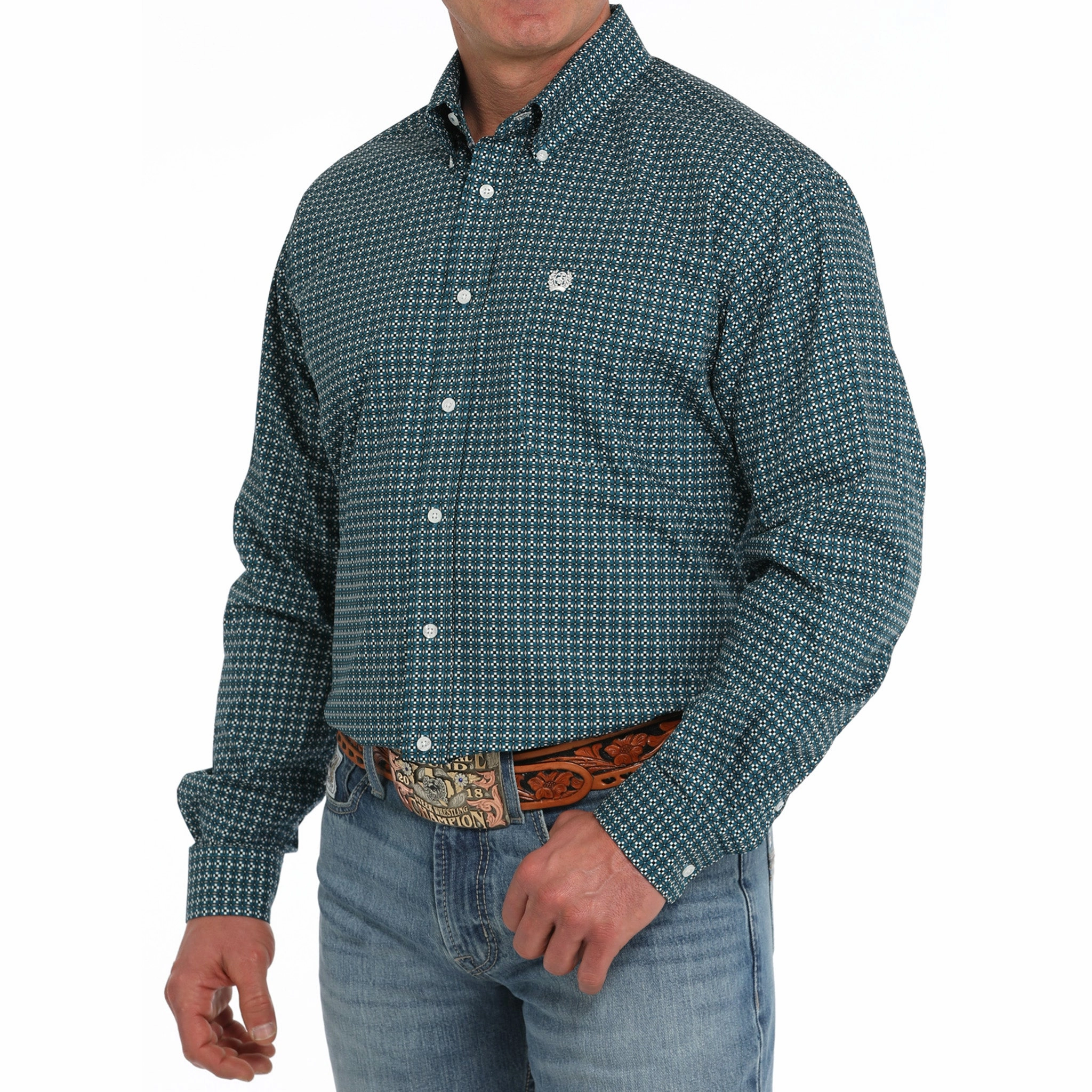 Polished Placket Cinch Men's Teal Geo Print Long Sleeve