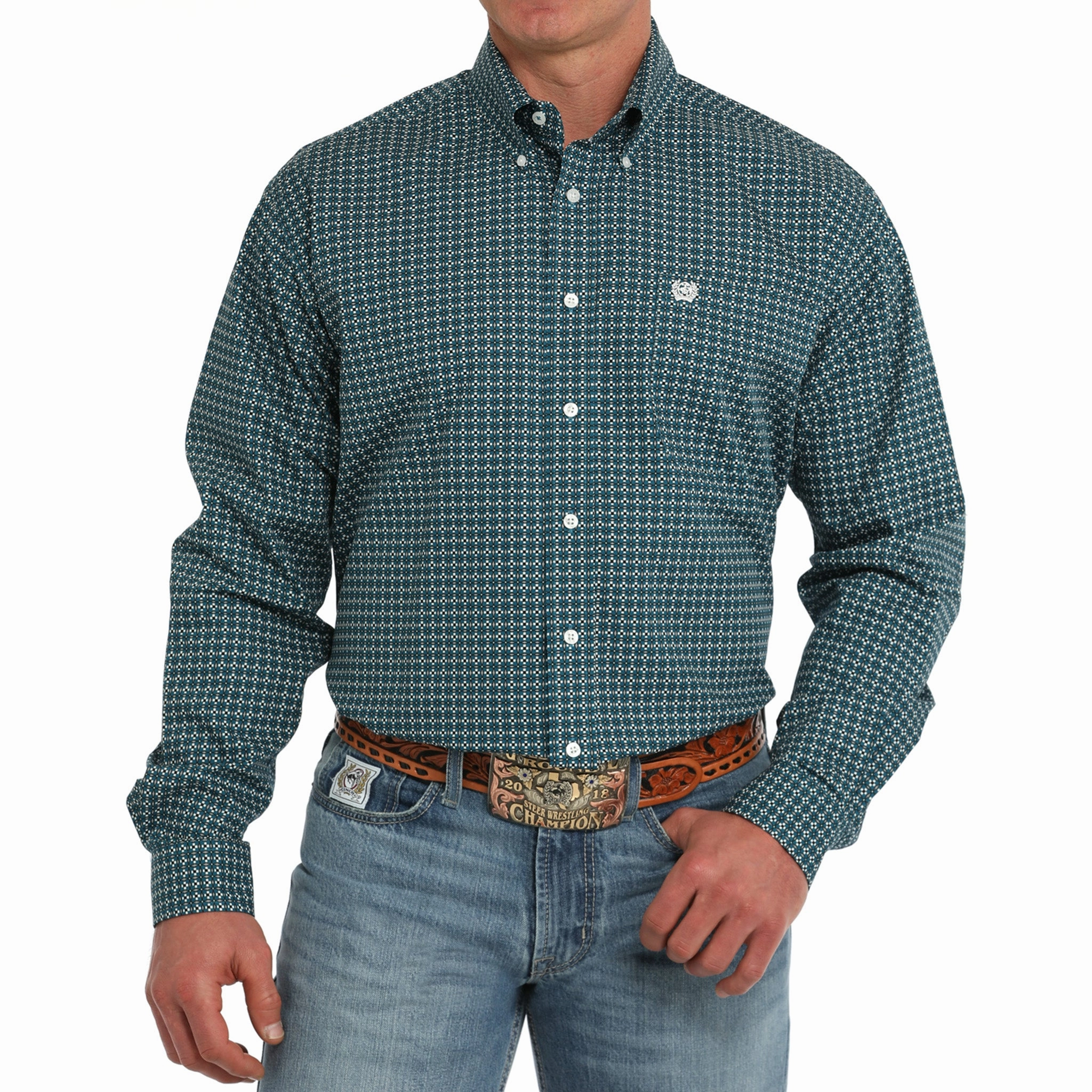 Cinch Men's Teal Geo Print Long Sleeve Geometric Print