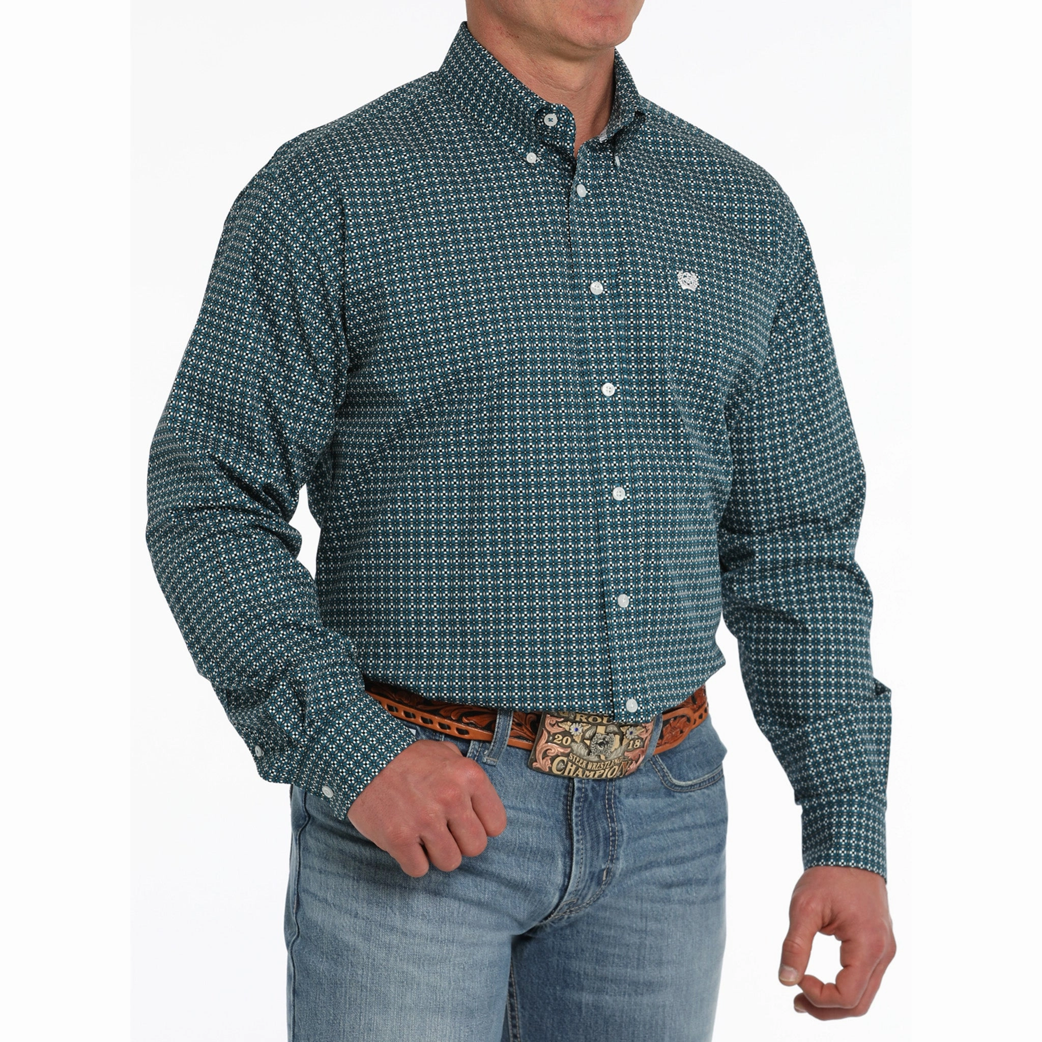 High-End Finish Chill Comfort Cinch Men's Teal Geo Print Long Sleeve