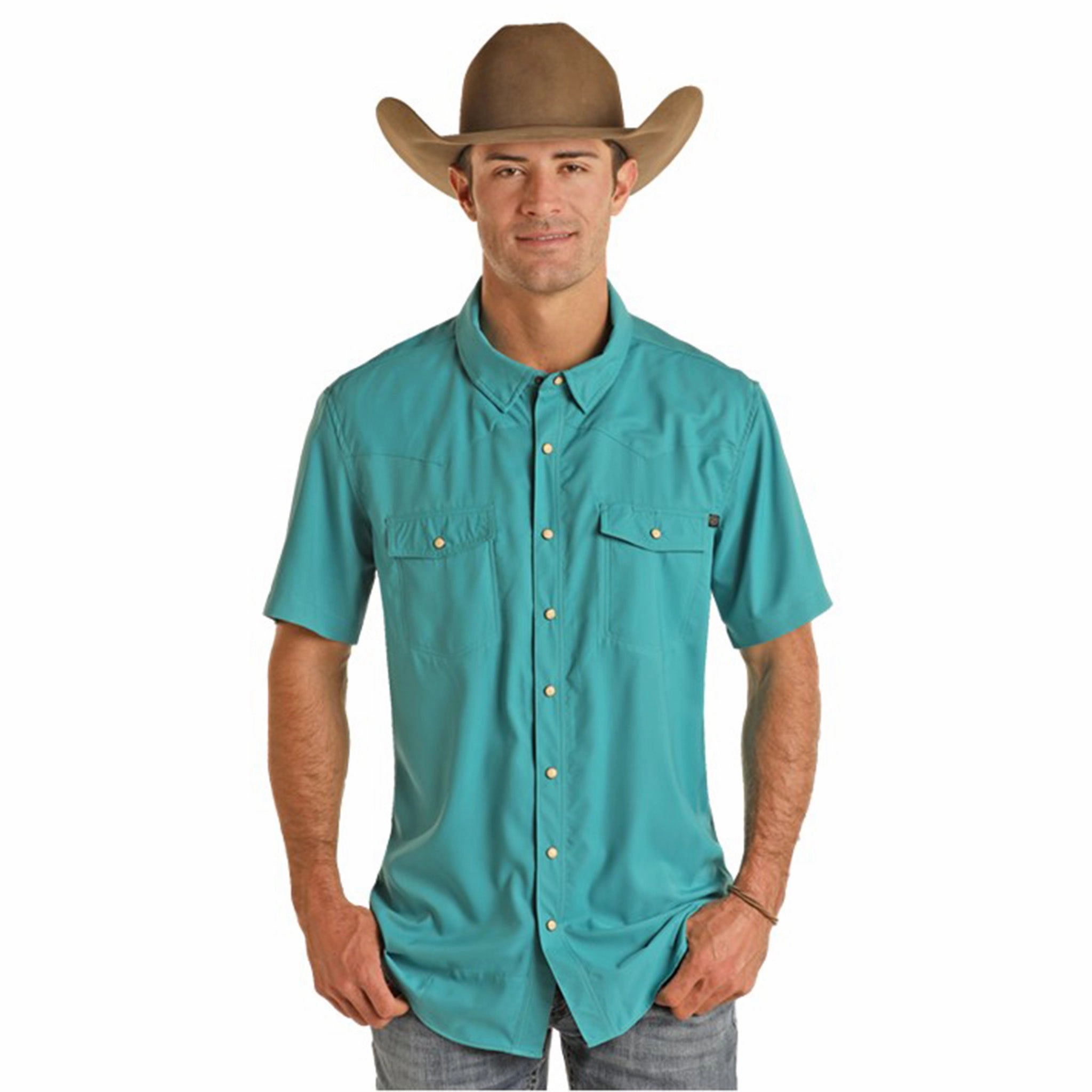 Ventilated Back Panel tailored look Rock & Roll Men's Solid Turquoise Ripstop Tek Short Sleeve