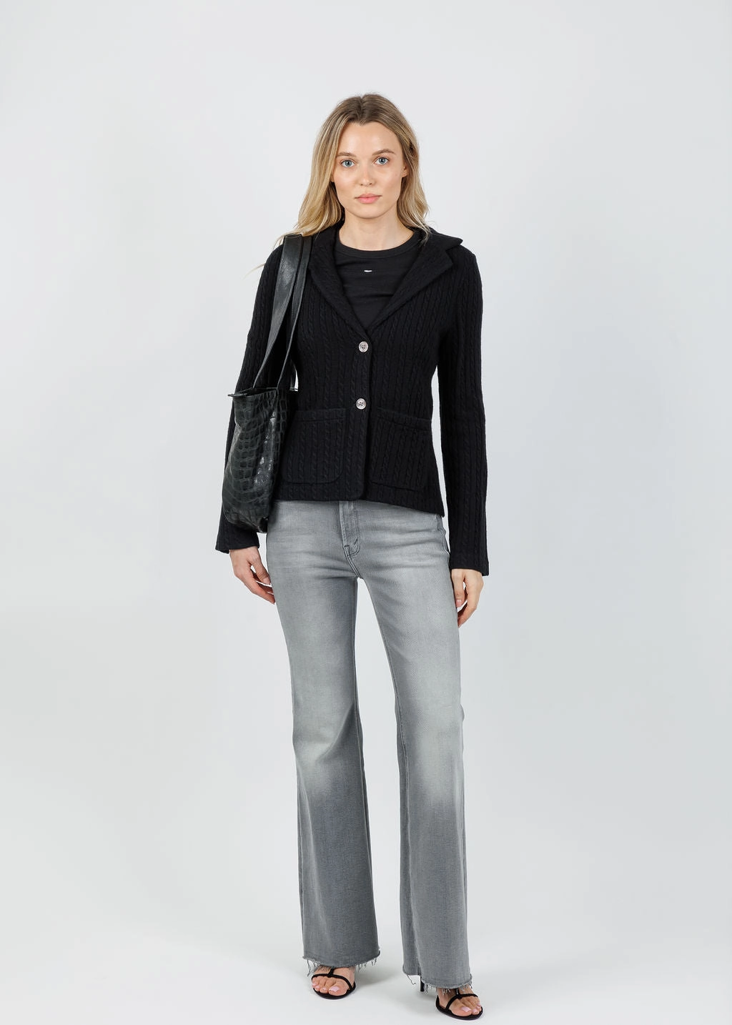 Four Way Stretch Material Casey Cashmere Cable Blazer - Black LayeredNeckline Low Profile Waistband Integration