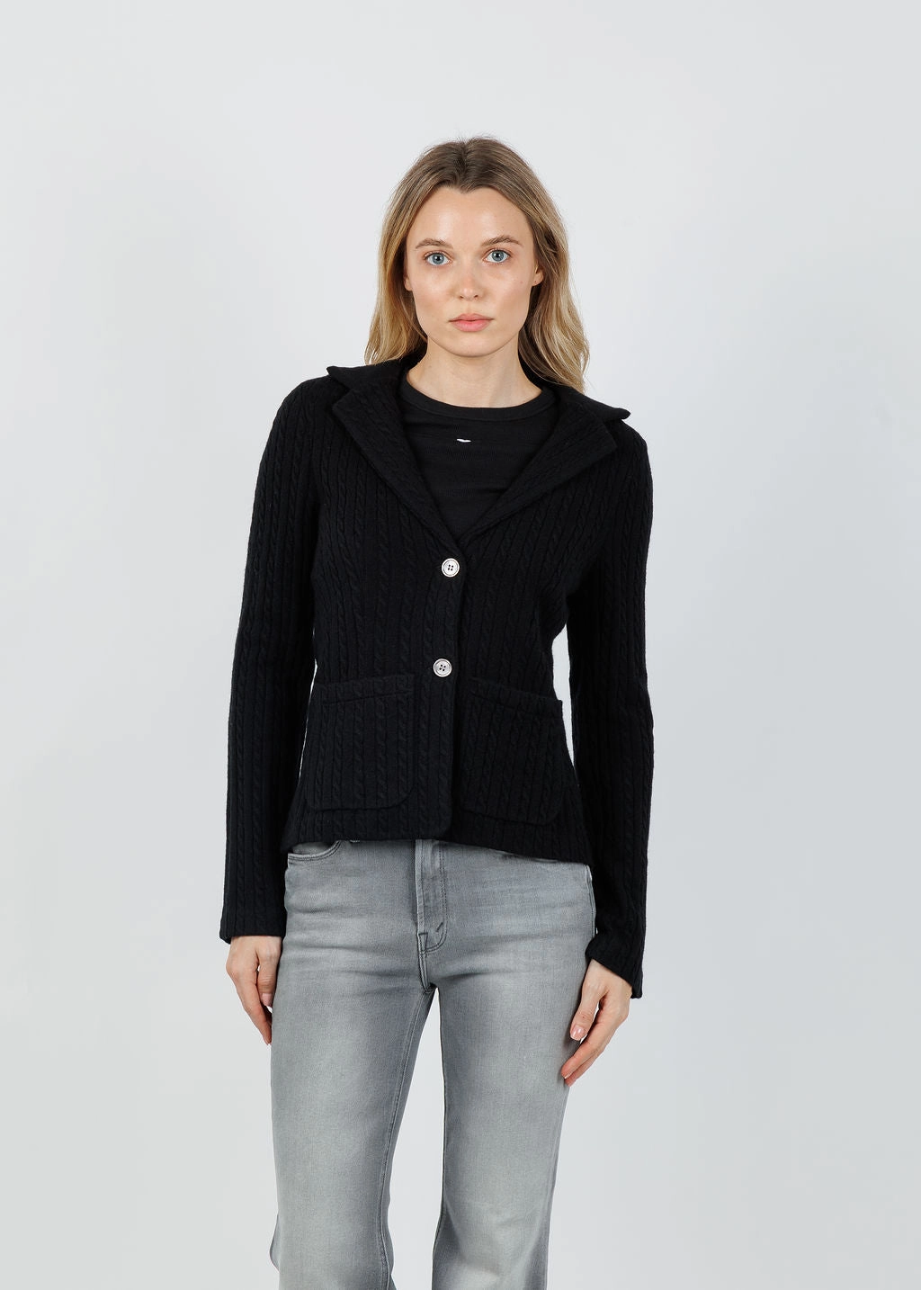 Four Way Stretch Material Casey Cashmere Cable Blazer - Black Recycled Polyester Fabric