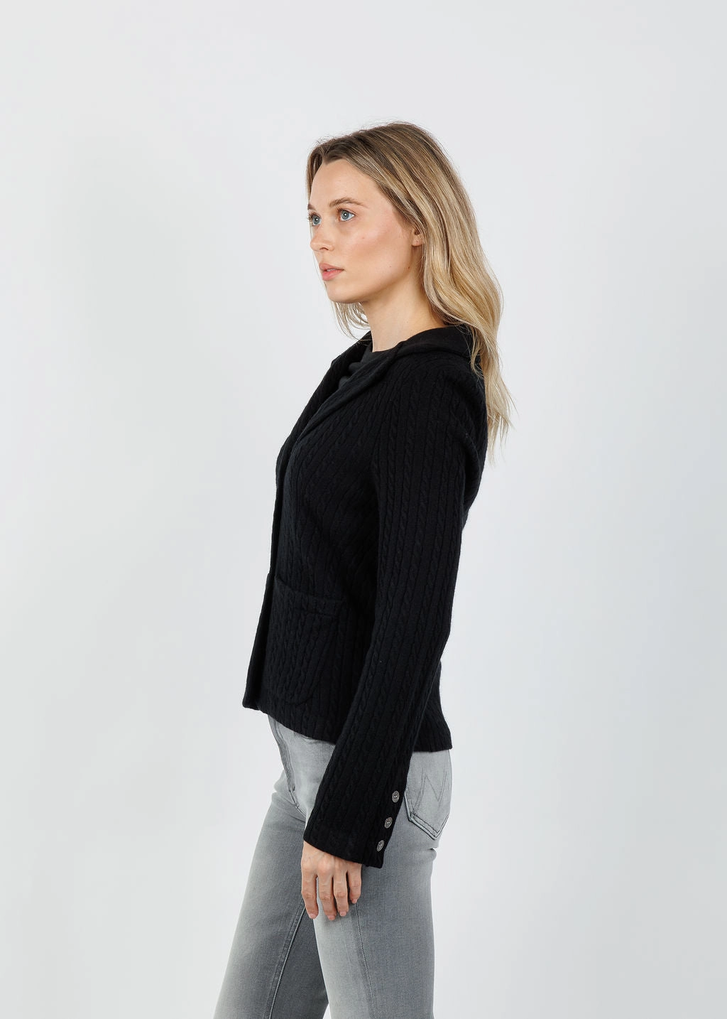 Four Way Stretch Material Casey Cashmere Cable Blazer - Black Compression Fit Layered Neckline
