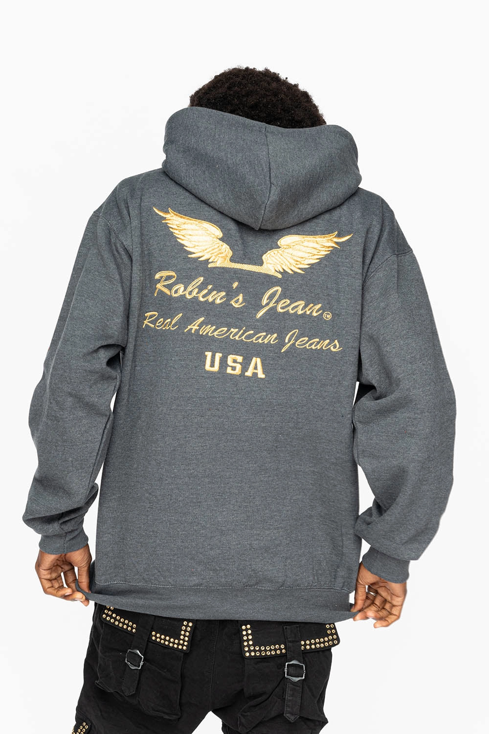 PULLOVER HOODIE IN DARK HEATHER  WITH GOLD WINGS EMBROIDERY Windproof Weave
