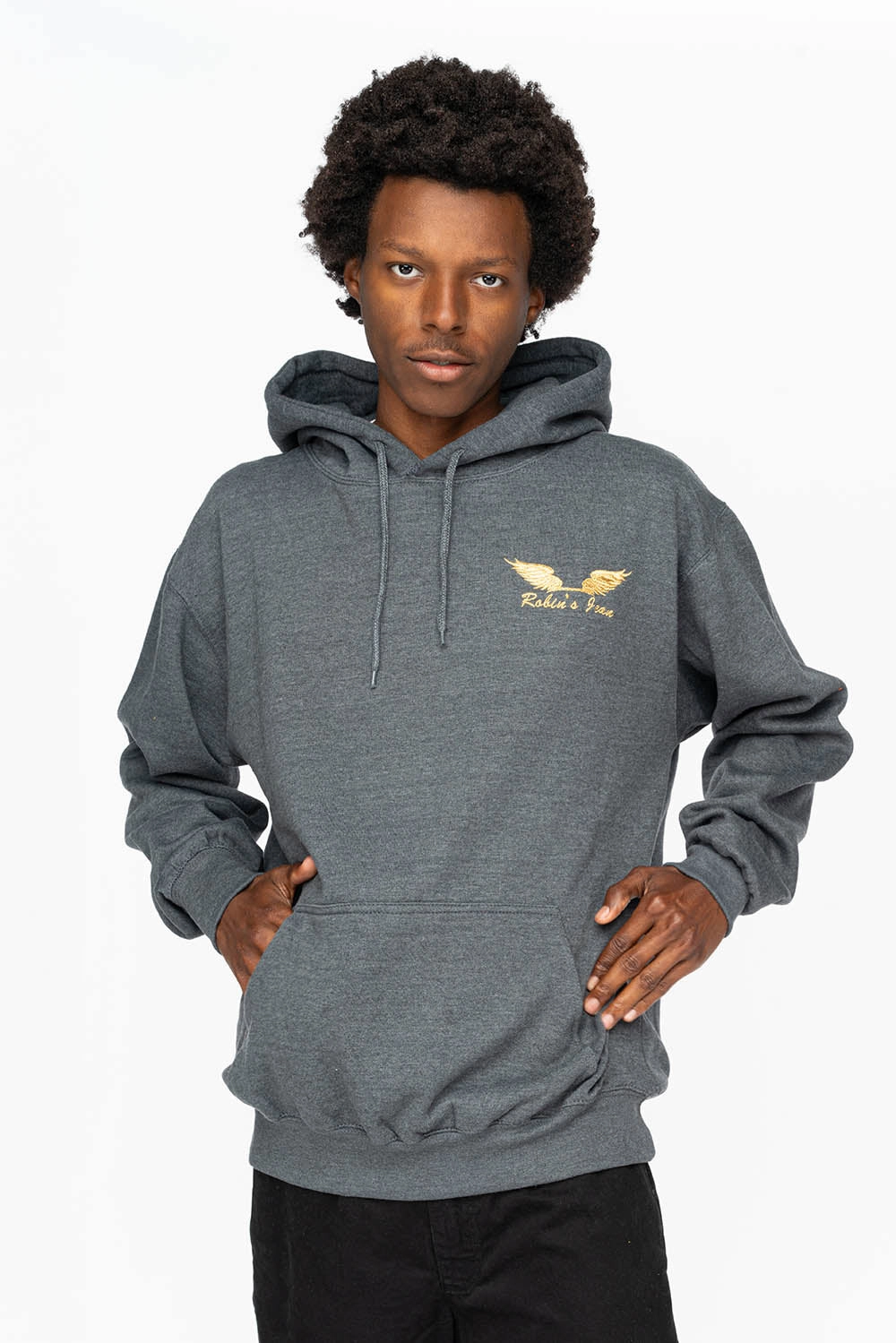 Chilly Day Knitwear Cozy Fitting PULLOVER HOODIE IN DARK HEATHER  WITH GOLD WINGS EMBROIDERY