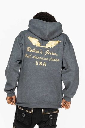PULLOVER HOODIE IN DARK HEATHER  WITH GOLD WINGS EMBROIDERY Windproof Weave
