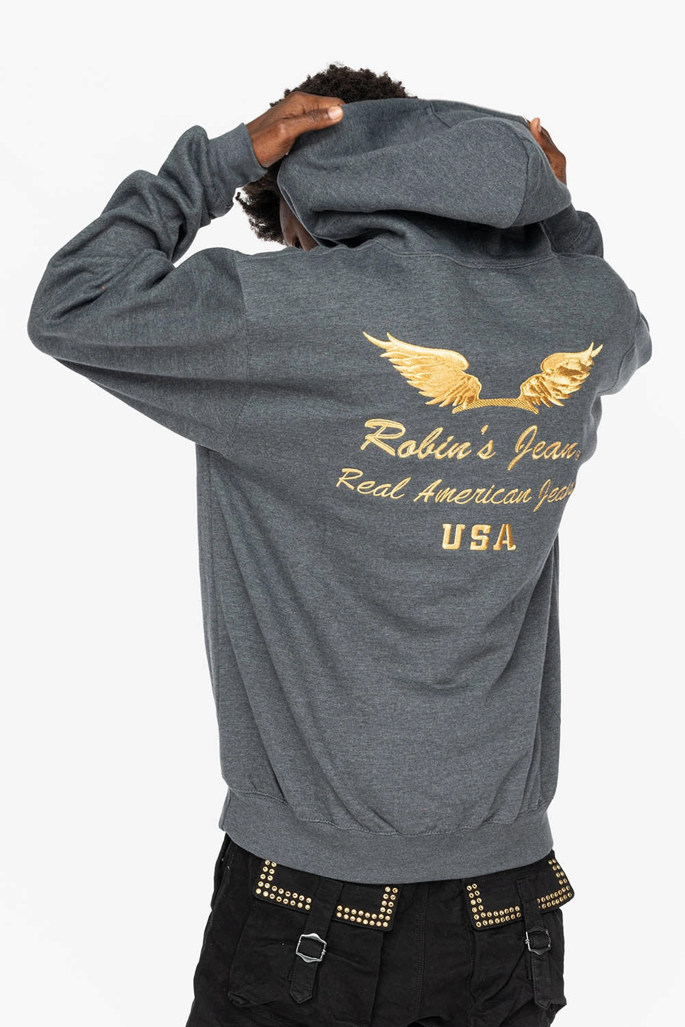 PULLOVER HOODIE IN DARK HEATHER  WITH GOLD WINGS EMBROIDERY Sporty Look Chilly Wardrobe