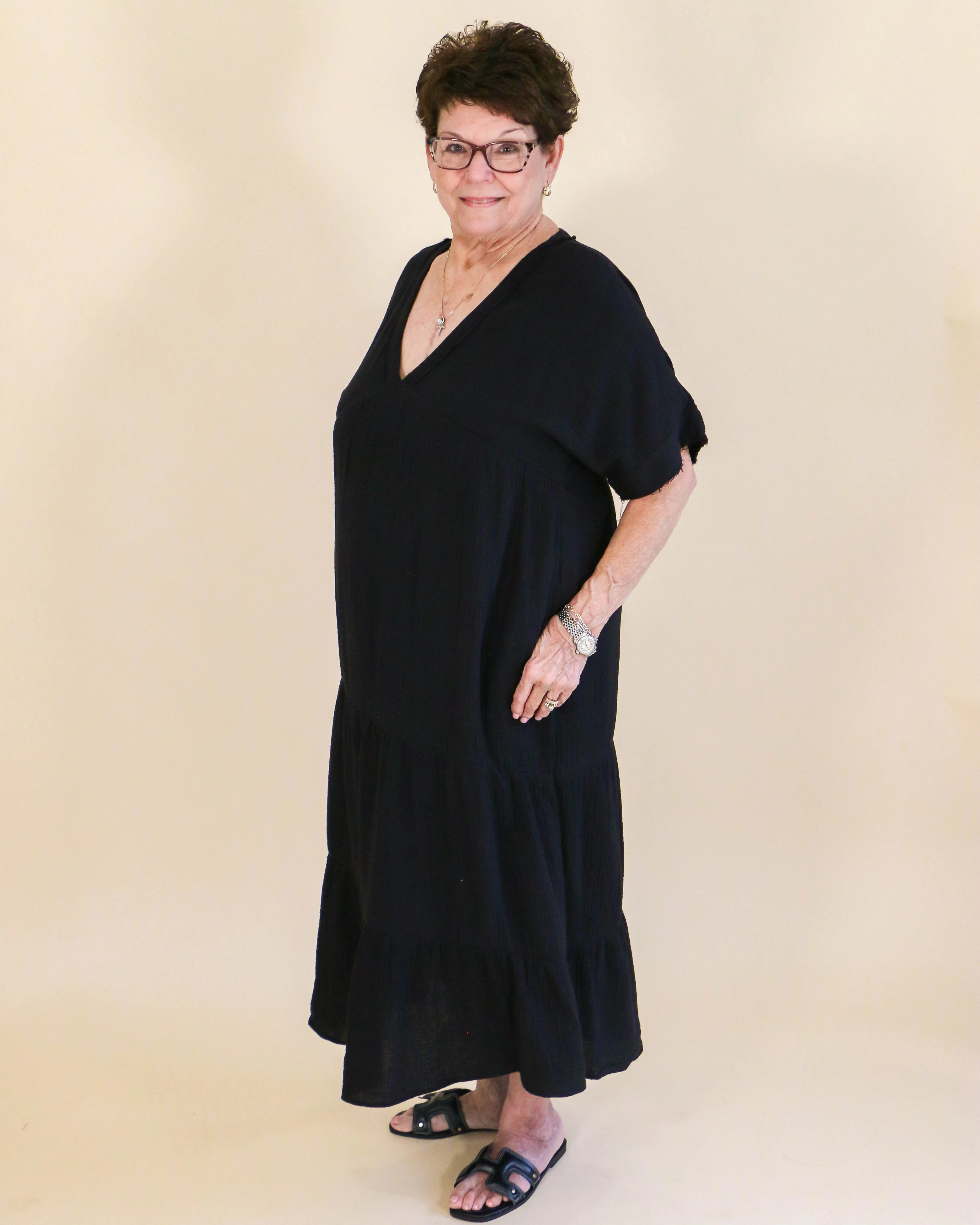 Fashion Essential Frayed Detail Soft Crinkle Gauze Midi Dress