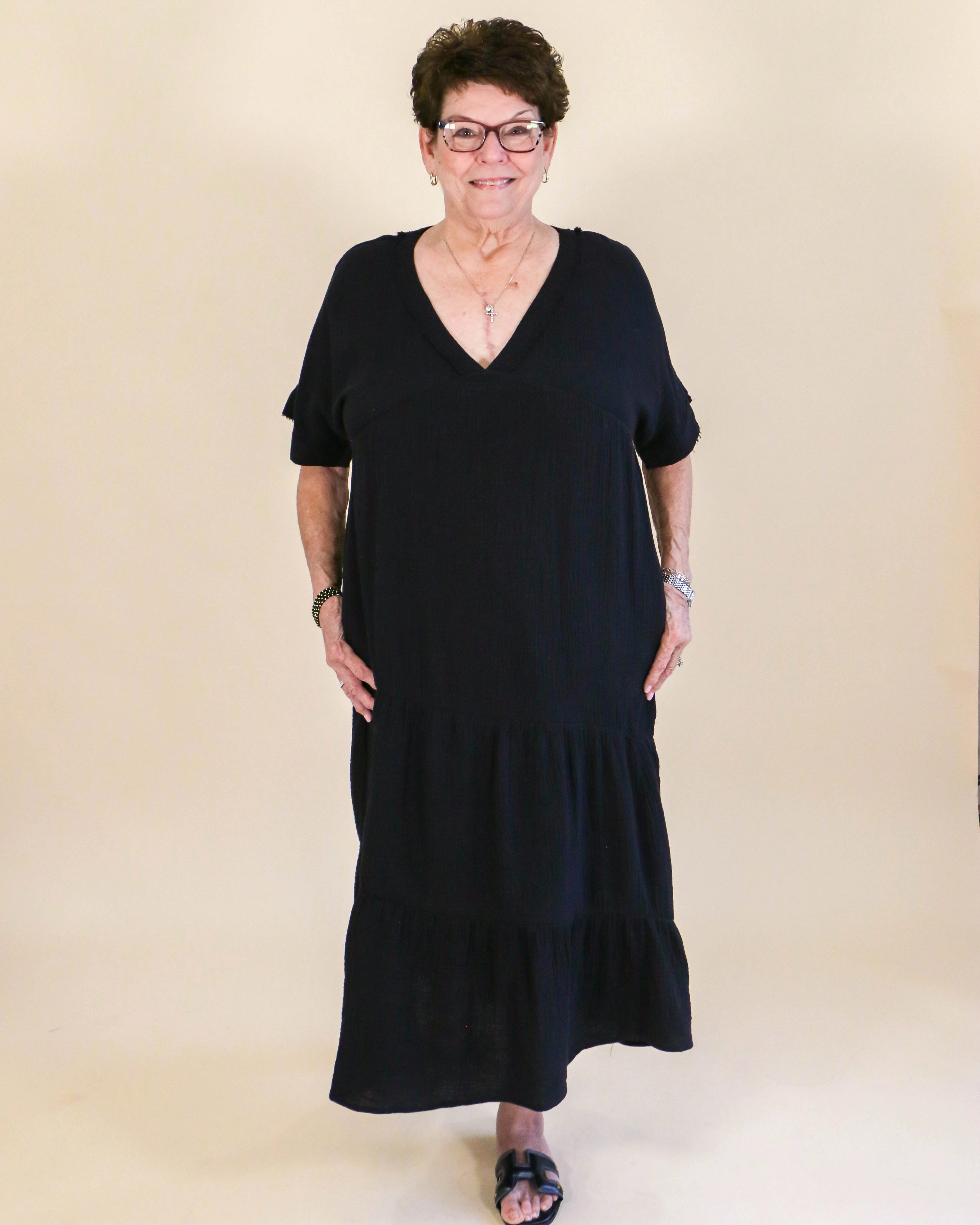 Trendy Layering Frayed Detail Soft Crinkle Gauze Midi Dress