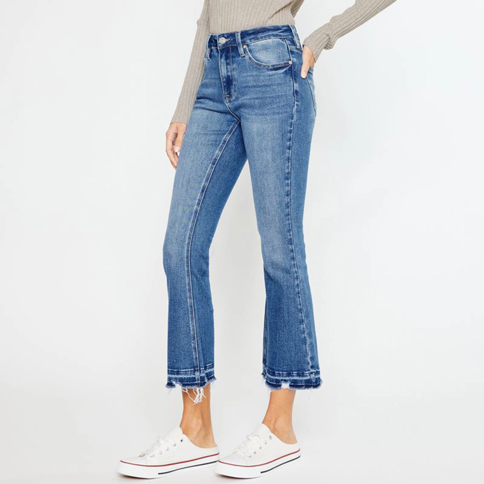 KanCan Women's High Rise Crop Jean Utility Look