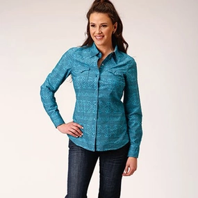 Roper Women's Turquoise Aztec Stripe Shirt ChafeFreeEdging