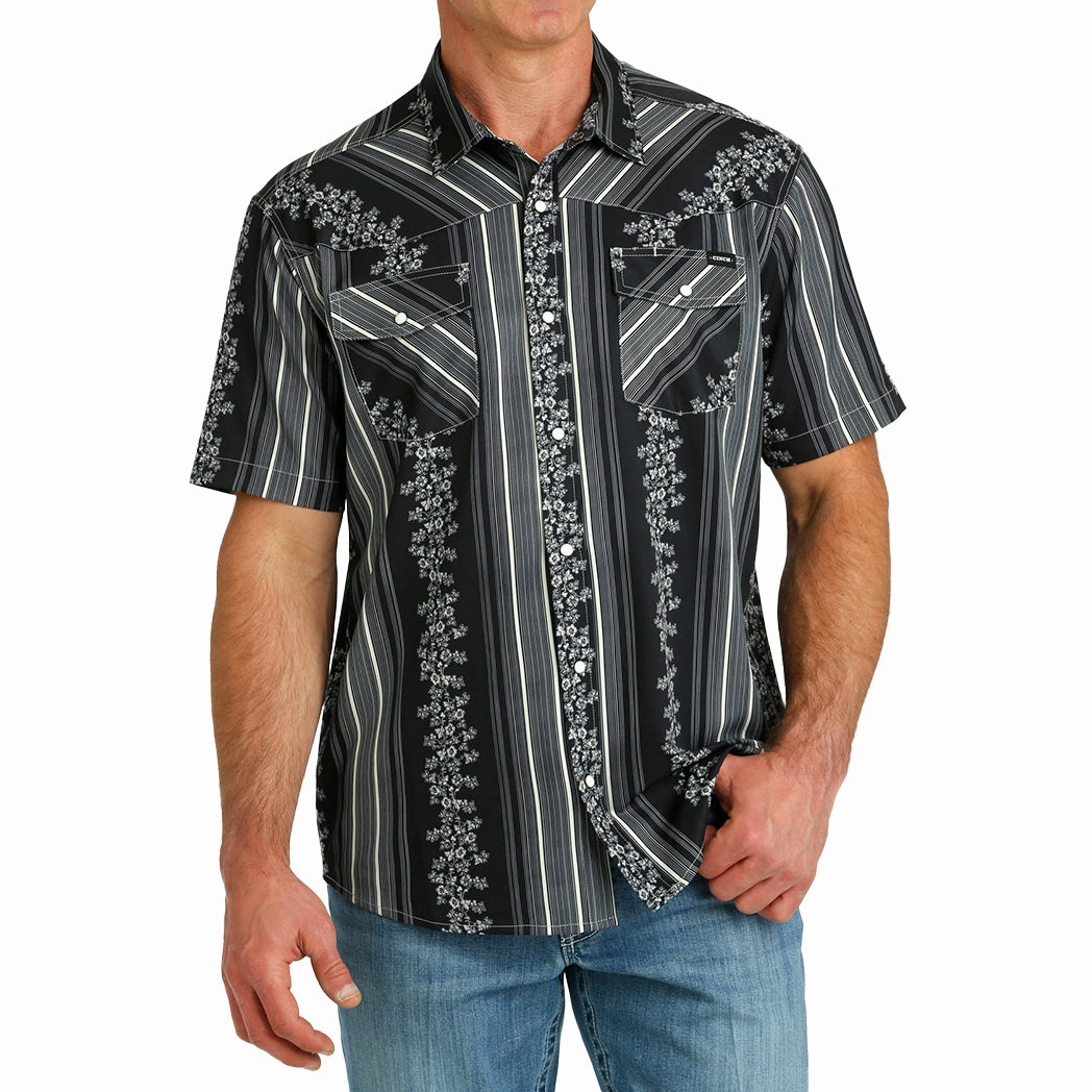 Cinch Men's Vintage Wallpaper Stripe Western Camp Short Sleeve No Bulk Layering System Smart Appearance