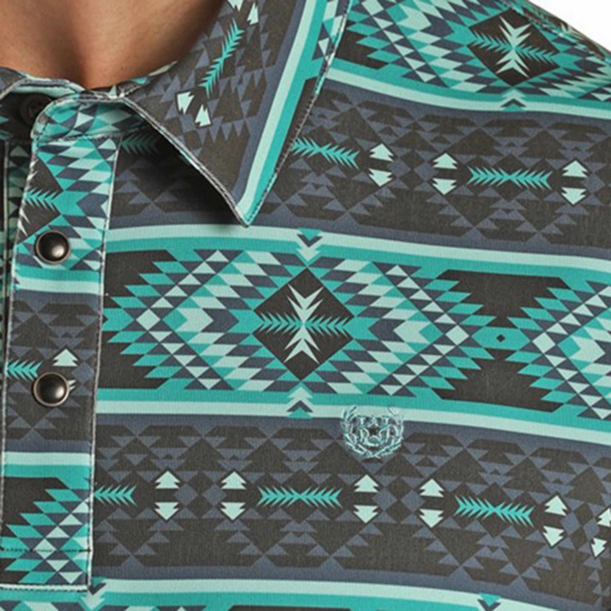 Rock & Roll Men's Turquoise & Grey Aztec Polo Anti Odor Treatment Striped Design