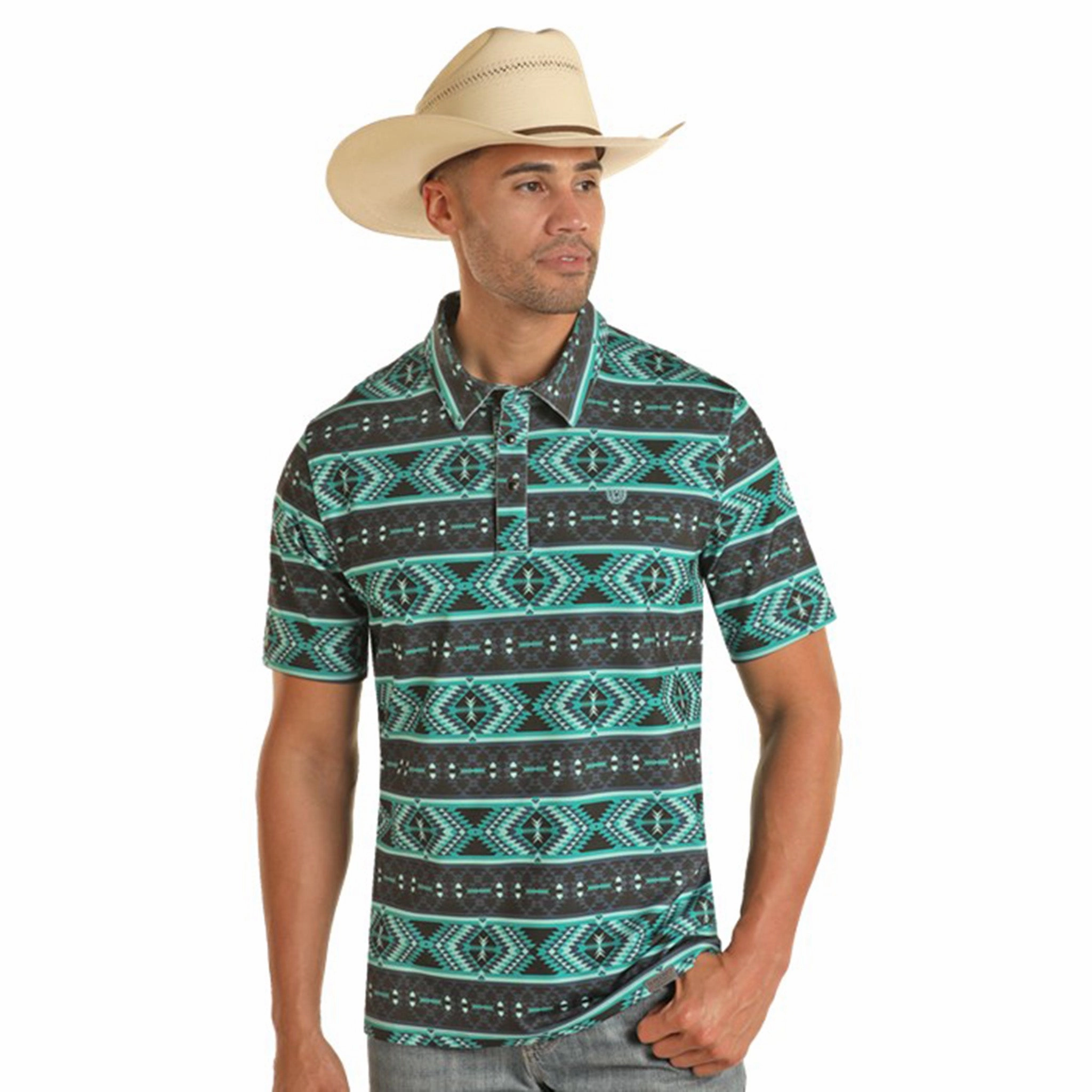 All-Occasion Wear Rock & Roll Men's Turquoise & Grey Aztec Polo