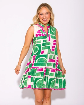 Frill Collared Abstract Print Dress High Waist Mood Focused