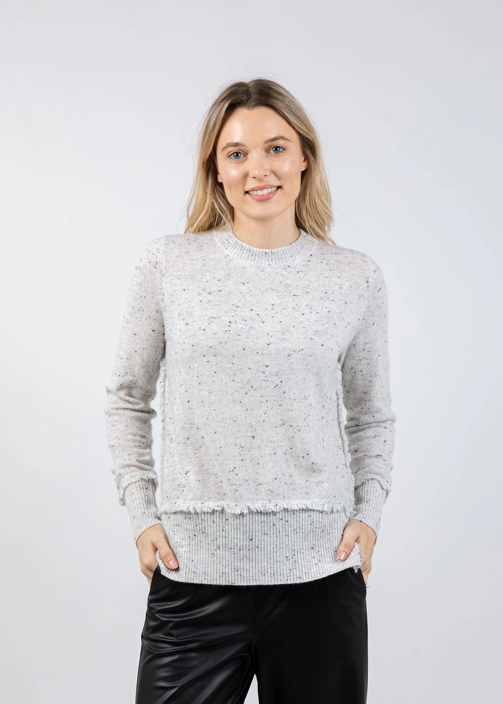 Simple Warmth Fringe Crew Sweater With Side Slits - Husky