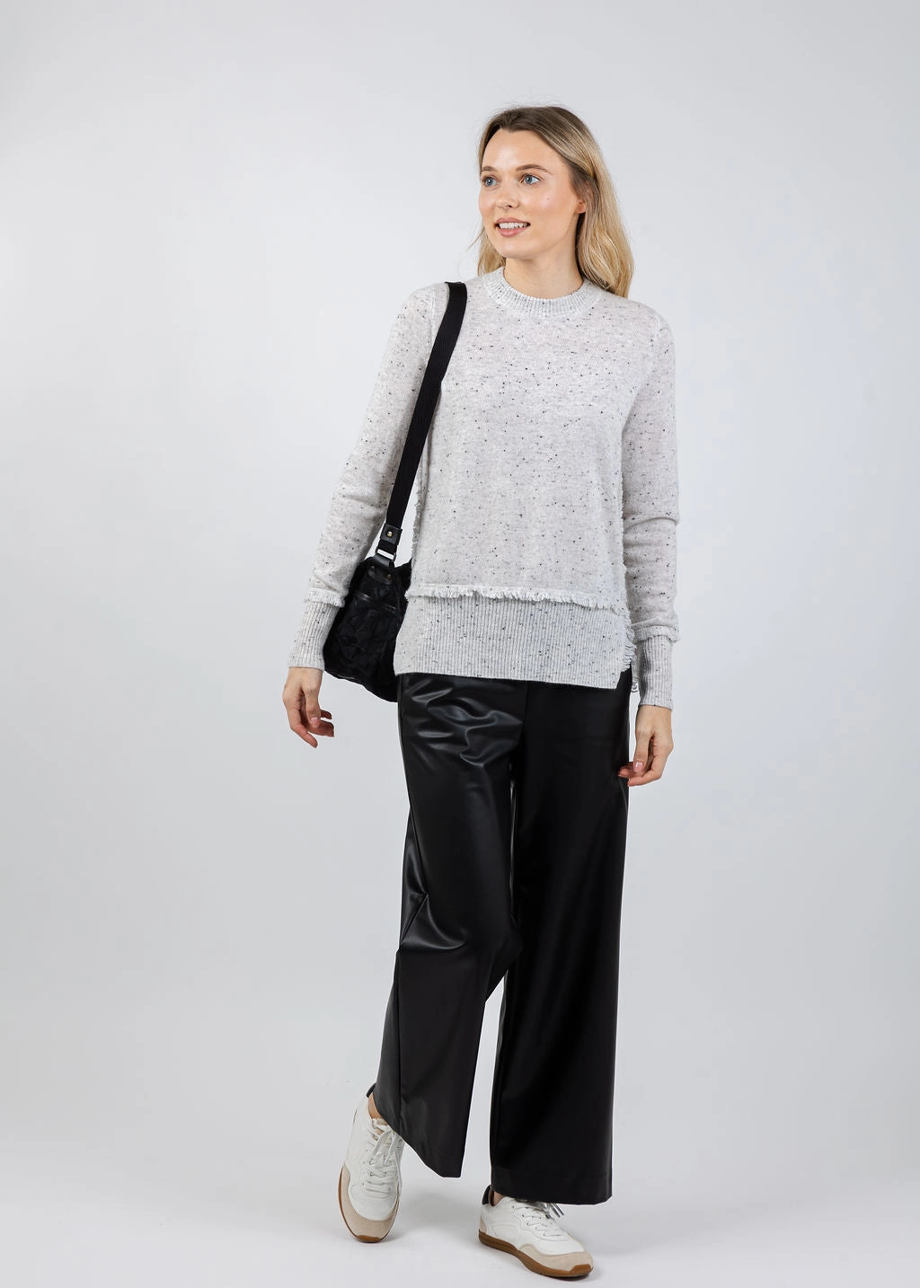 Cozy Stretch Fringe Crew Sweater With Side Slits - Husky