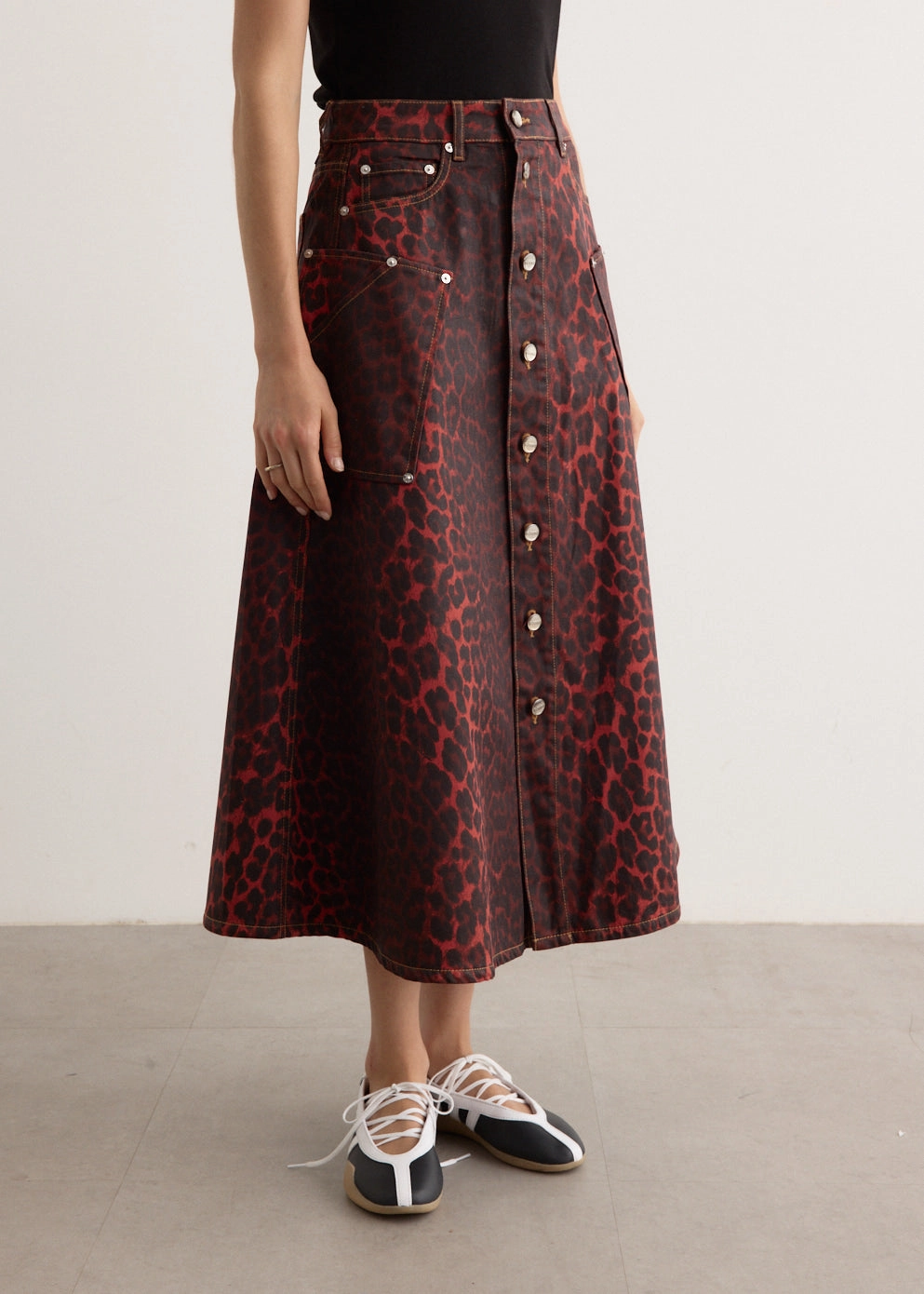 Foil Denim Midi Skirt Tiered hem