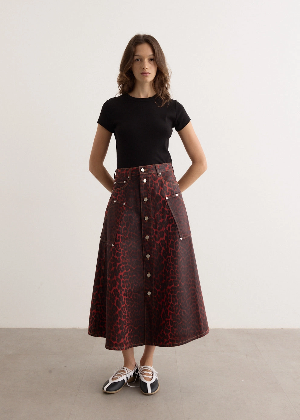 Foil Denim Midi Skirt Knee Length