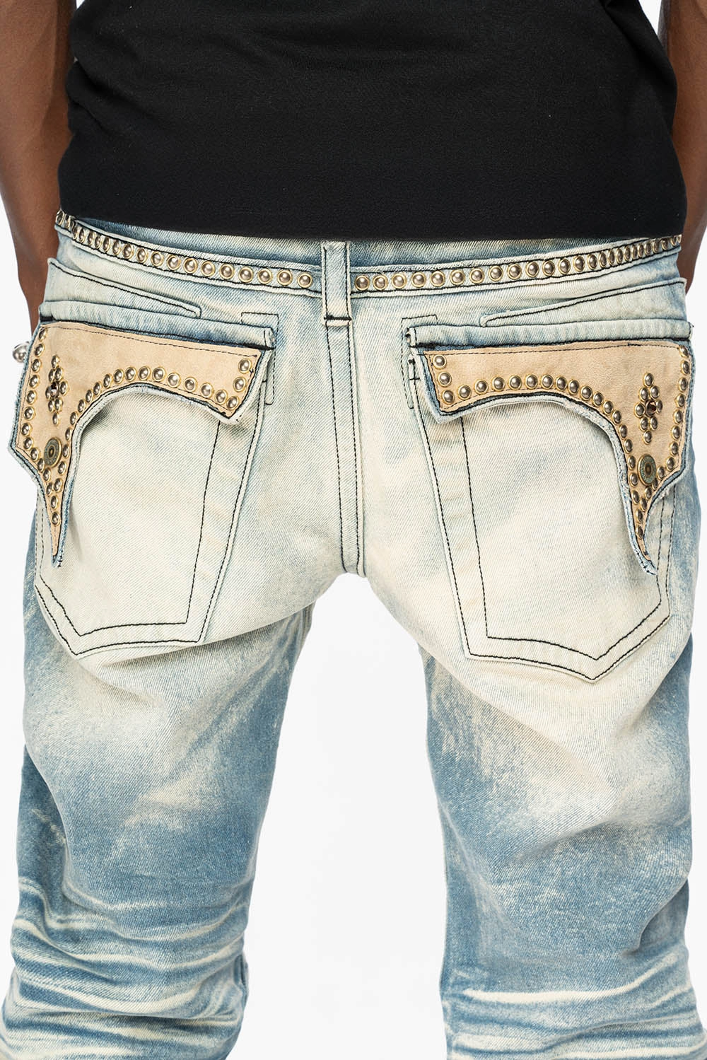 Movement Friendly Sunny Vibes Teen Outfit Summer Vibes WESTERN  STRAIGHT LEG JEAN IN OMAHA TAN  WITH SUEDE POCKET EMBELLISHED WITH CRYSTALS/ STUDS