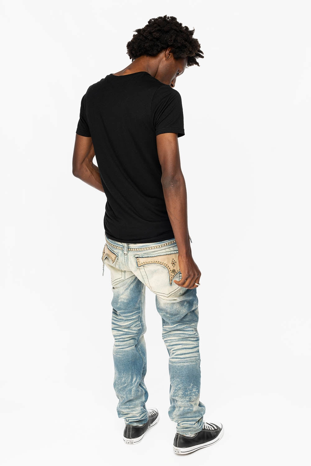 Closet Staple Hidden Rivet Details WESTERN  STRAIGHT LEG JEAN IN OMAHA TAN  WITH SUEDE POCKET EMBELLISHED WITH CRYSTALS/ STUDS