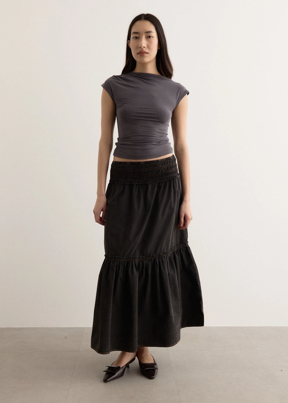Garment Dyed Cotton Smock Maxi Skirt Laser cut Aesthetic Fit