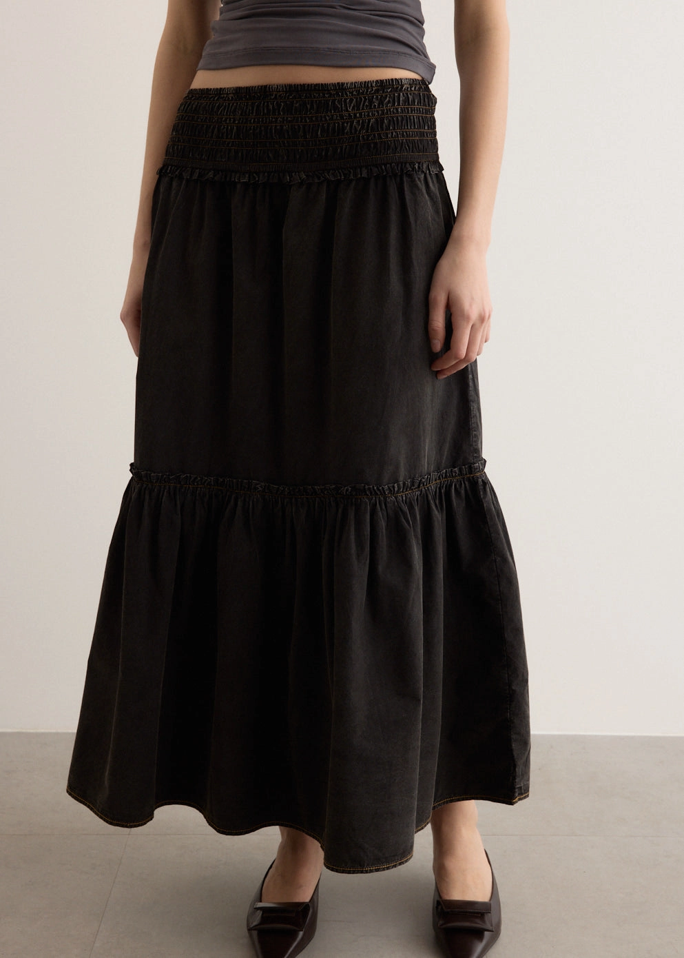 High Elasticity Material Lightweight Fabric Garment Dyed Cotton Smock Maxi Skirt
