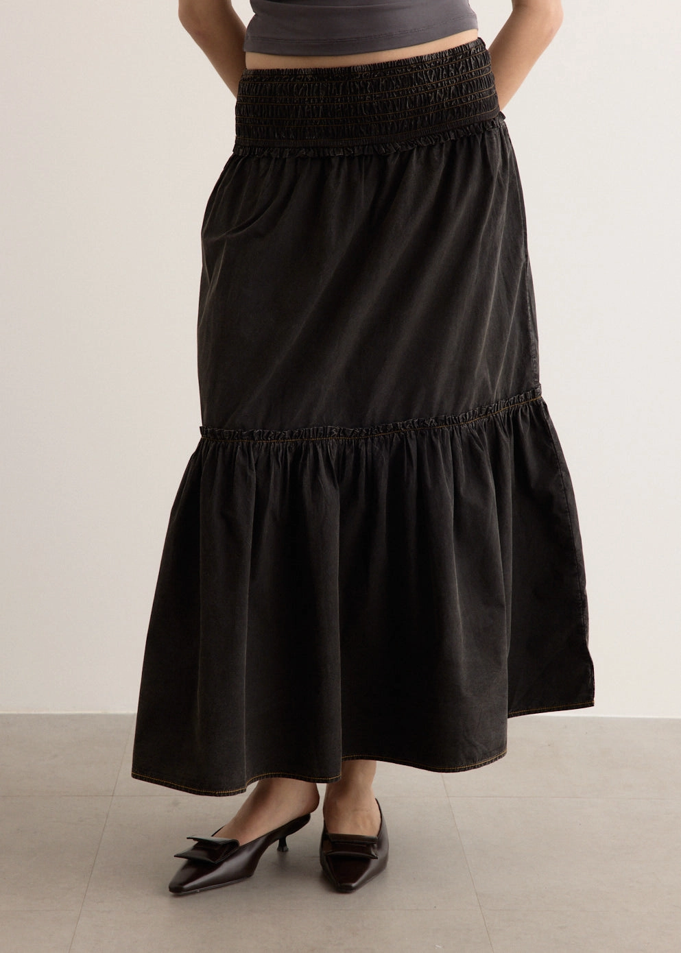 Garment Dyed Cotton Smock Maxi Skirt Designer Label