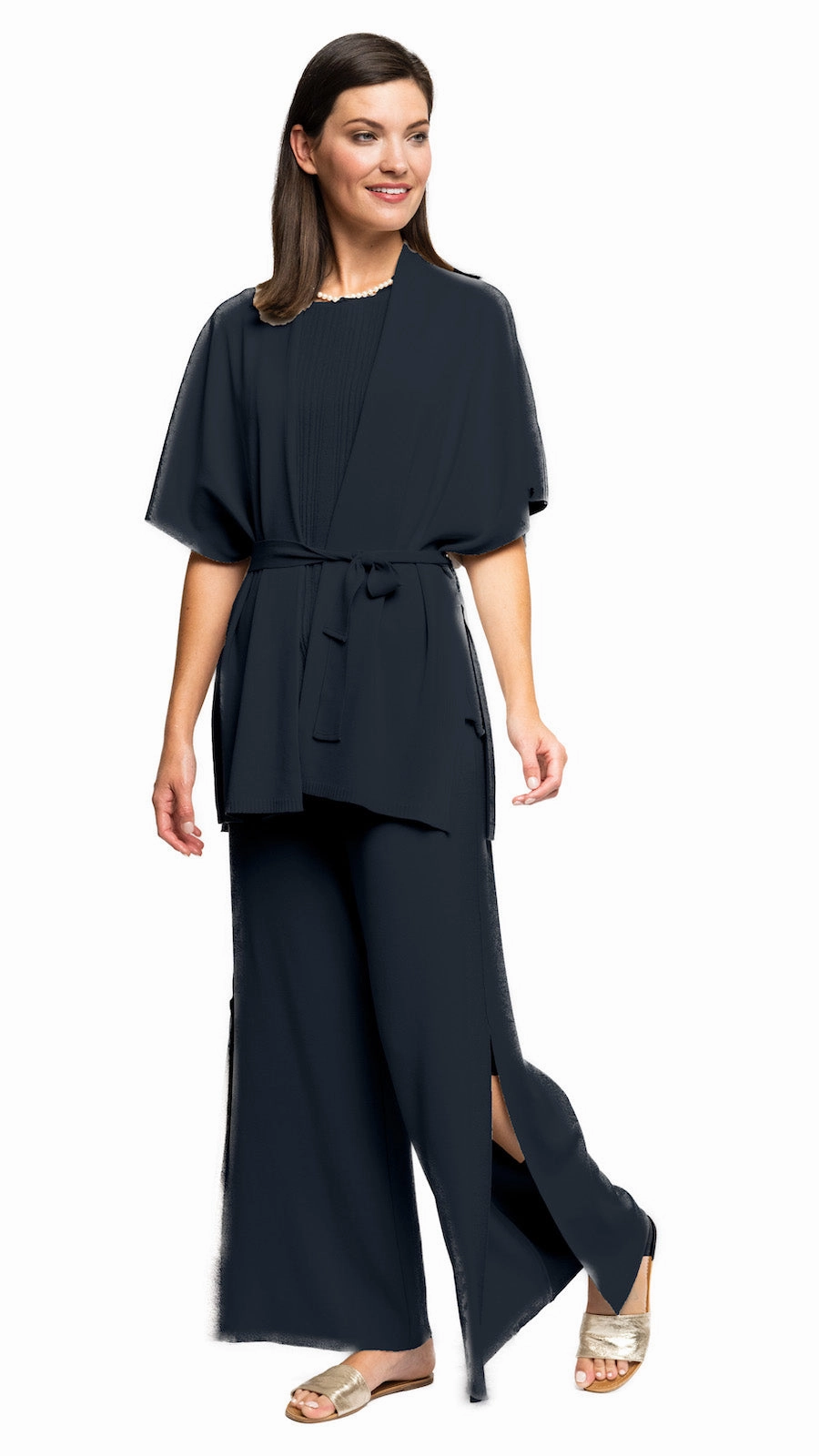Double Layered Collar Lightweight Style Melinda Belted Dropped Shoulder Cardigan - Dark Navy