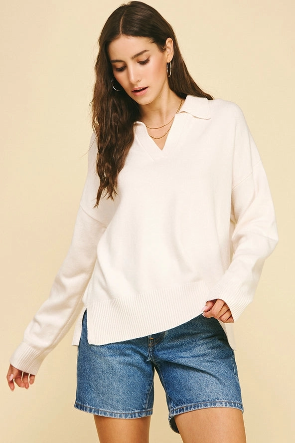 Basic Cream Collar Sweater Relaxed Design