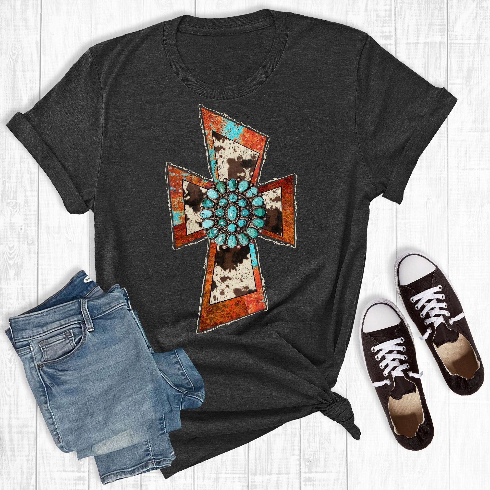 Black Acid Washed Cowprint Cross Tee HypoallergenicConstruction MicrofiberBlend