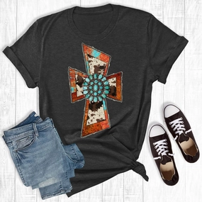 Black Acid Washed Cowprint Cross Tee HypoallergenicConstruction MicrofiberBlend