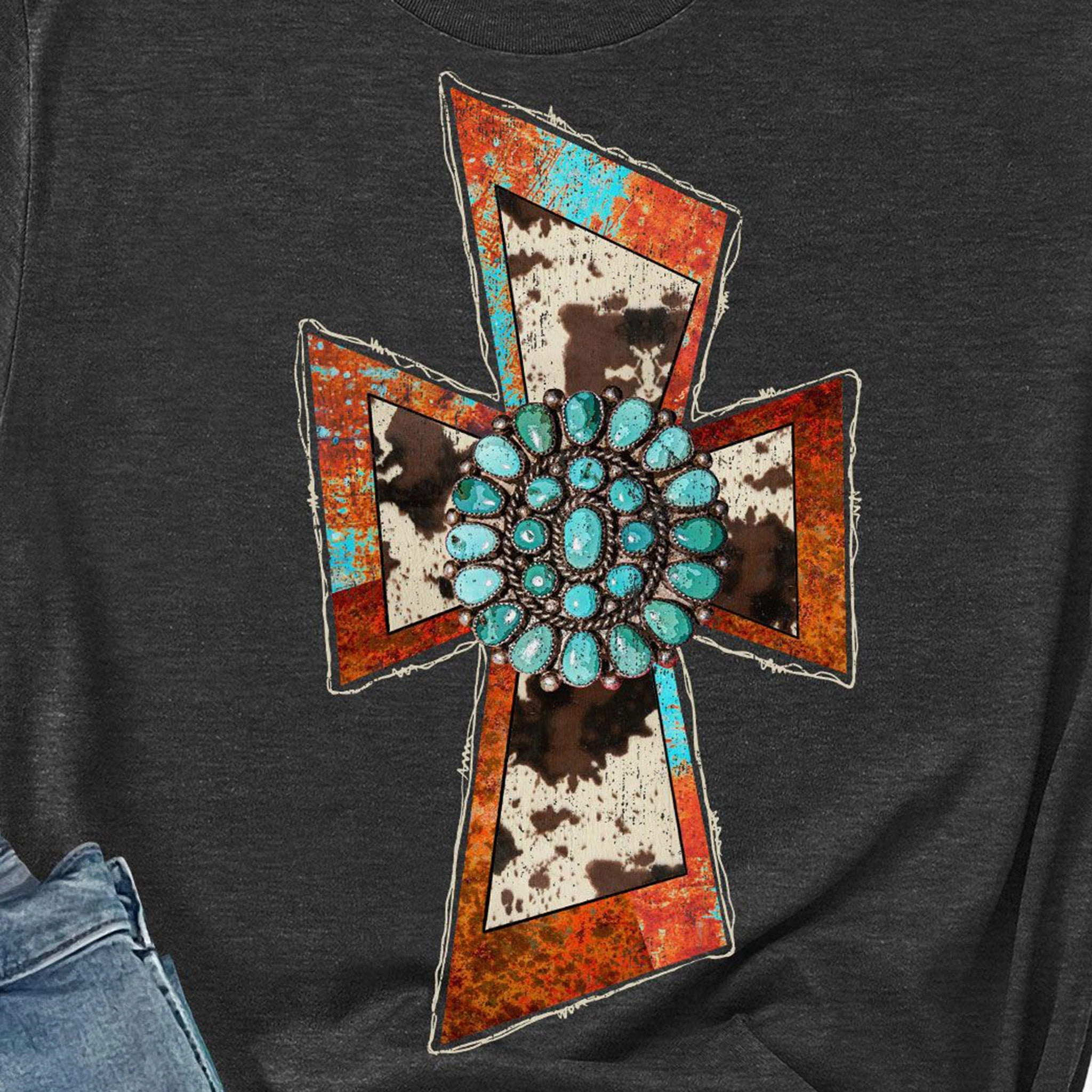 Multi Pocket Configuration Black Acid Washed Cowprint Cross Tee