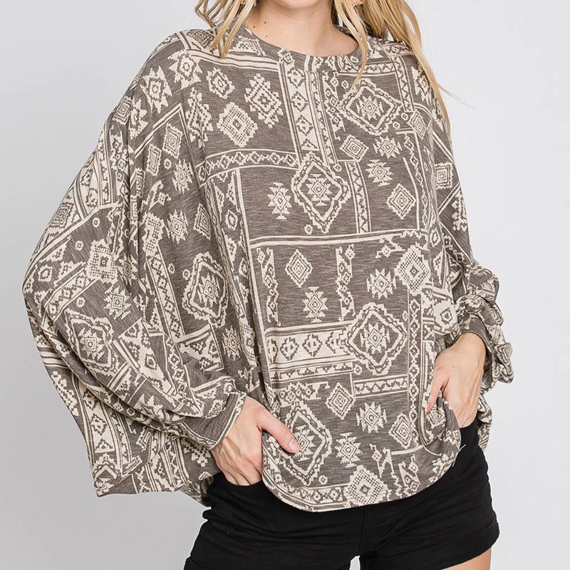 Gee Gee Women's Mocha Terry Print Dohlman Sleeve Top ComfortStretchFit Moisture Wicking Material