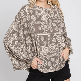 Gee Gee Women's Mocha Terry Print Dohlman Sleeve Top ComfortStretchFit Moisture Wicking Material
