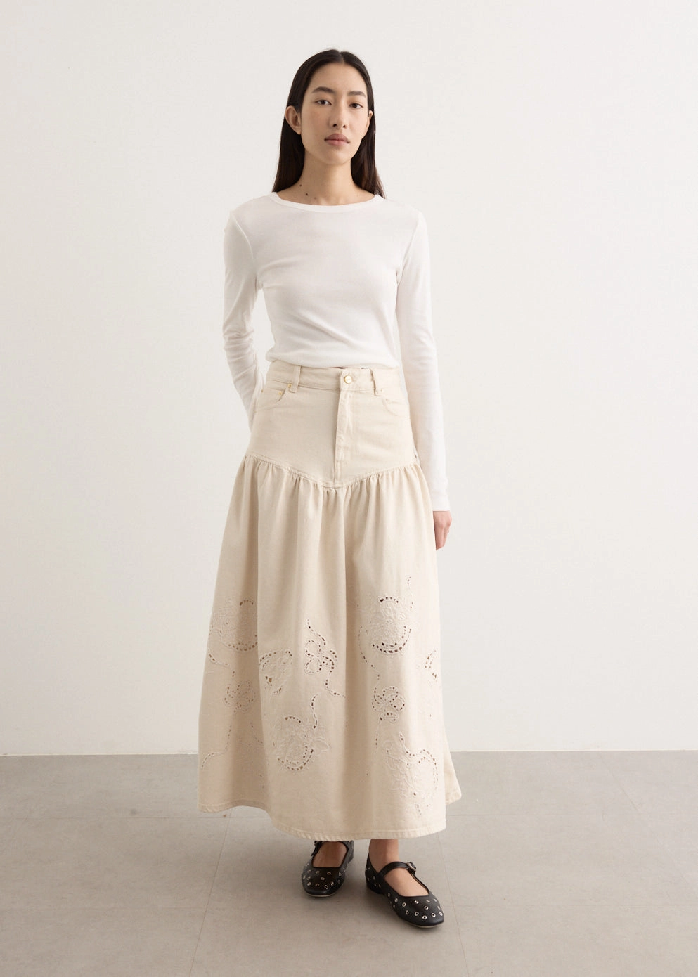 Cultural Event Creative Layering Broderie Anglaise Denim Skirt