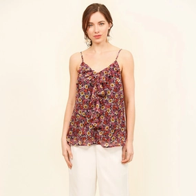 WeightedHem Ribbed Knit Fabric Gigio USA Women's Floral Print/Ruffle Tank