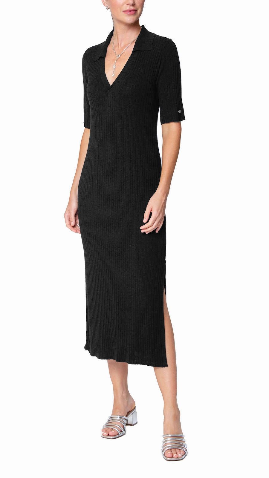 Lounge Vibe Beauty Zone Gillian Rib Knit Midi Polo Dress - Black