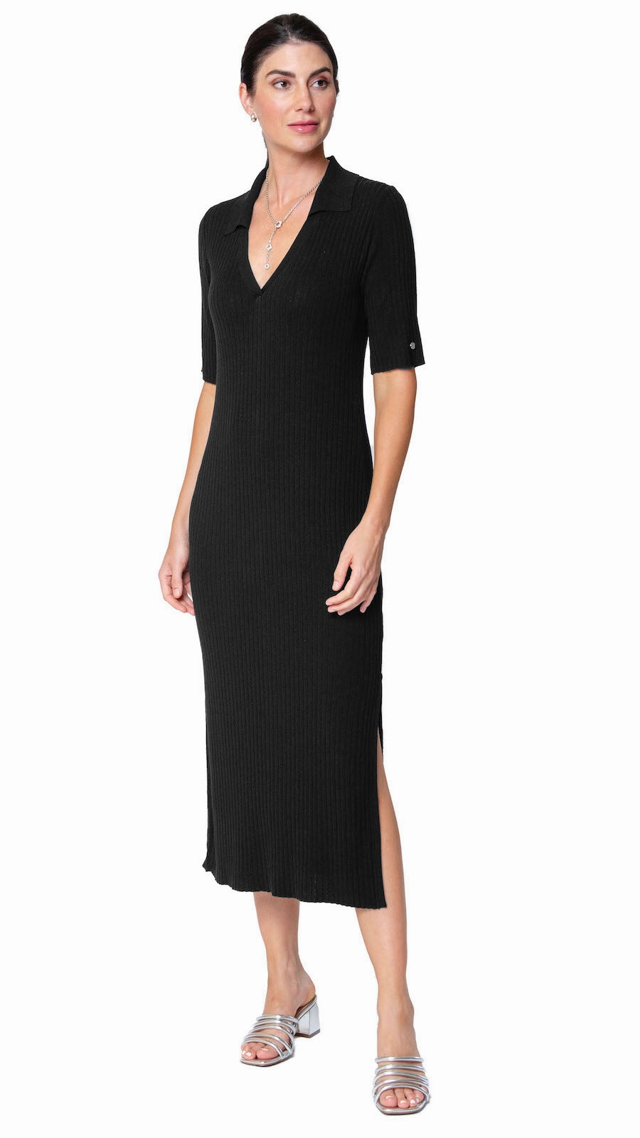 All Moments Gillian Rib Knit Midi Polo Dress - Black