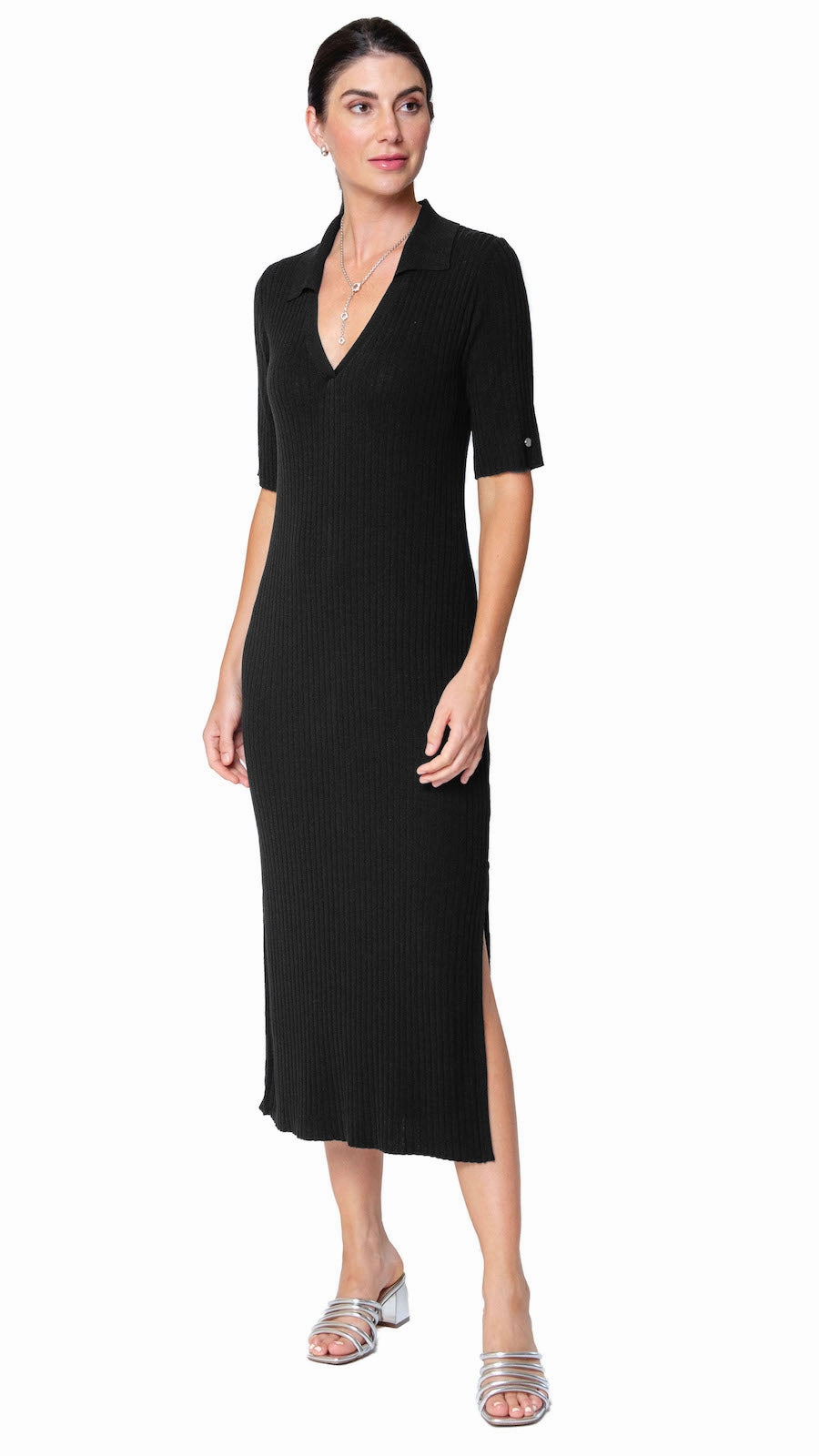 Sleek Motion Chill Moment Gillian Rib Knit Midi Polo Dress - Black
