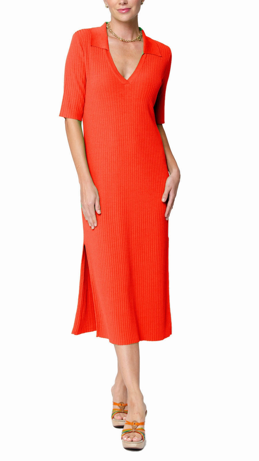 Gillian Rib Knit Midi Polo Dress - Bright Orange Studio Style Vibrant Style