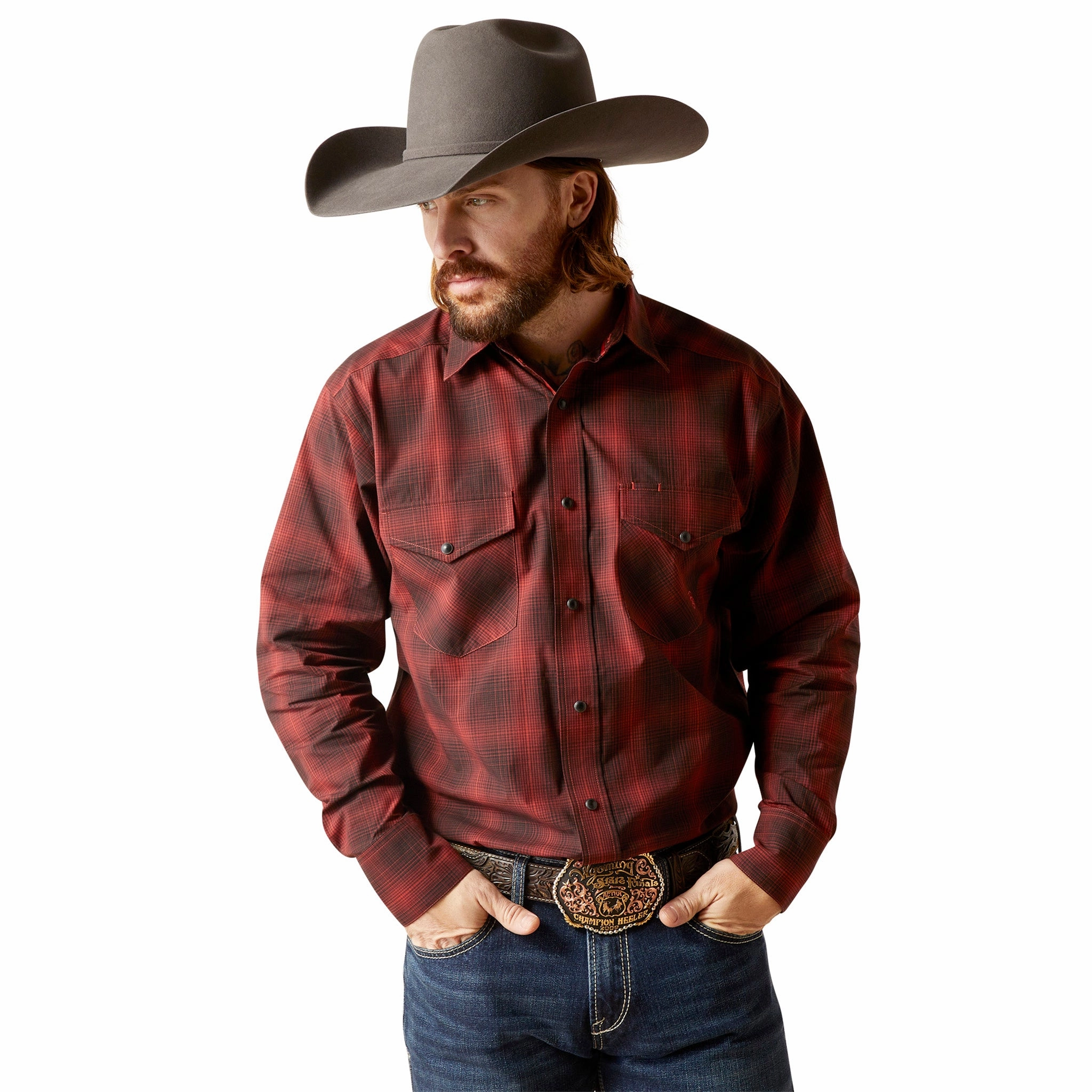 Tagless label fade resistant color Ariat Men's Stenson Red & Black Snap Shirt